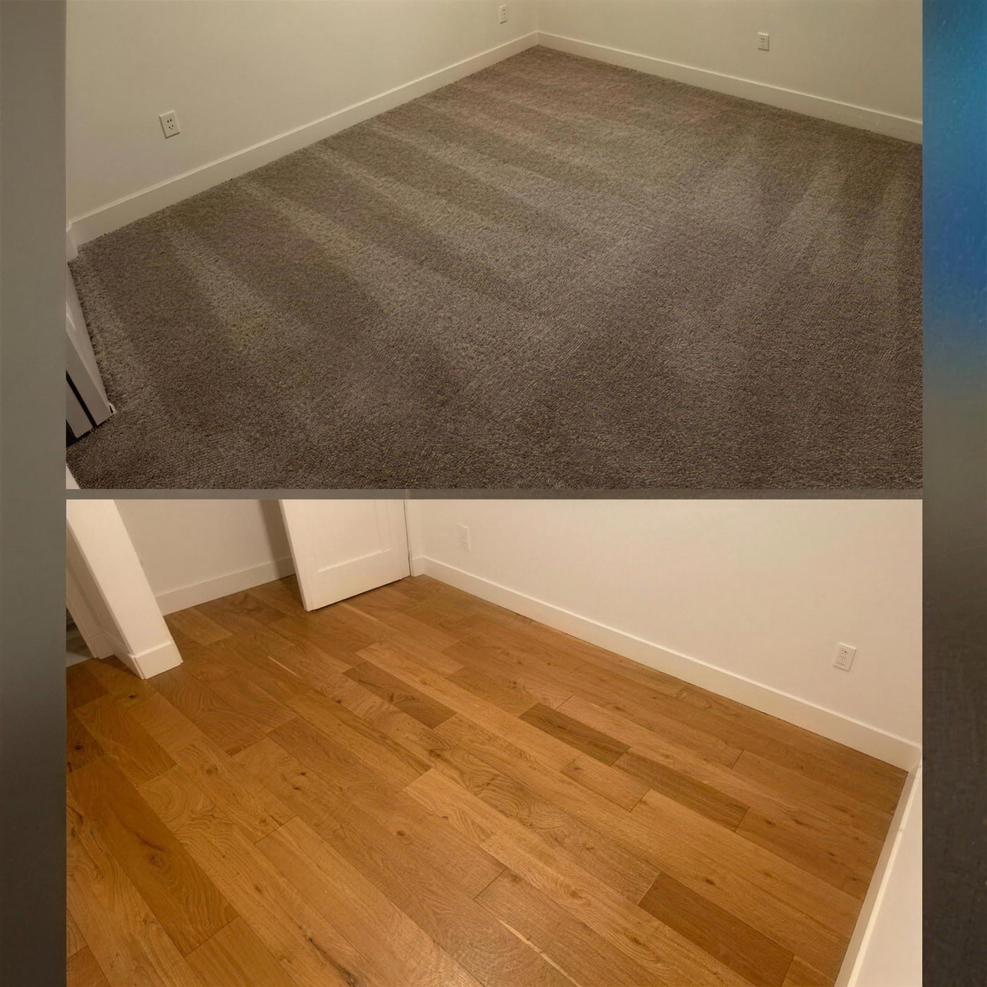 A Sacramento room before and after carpet was replaced with hardwood