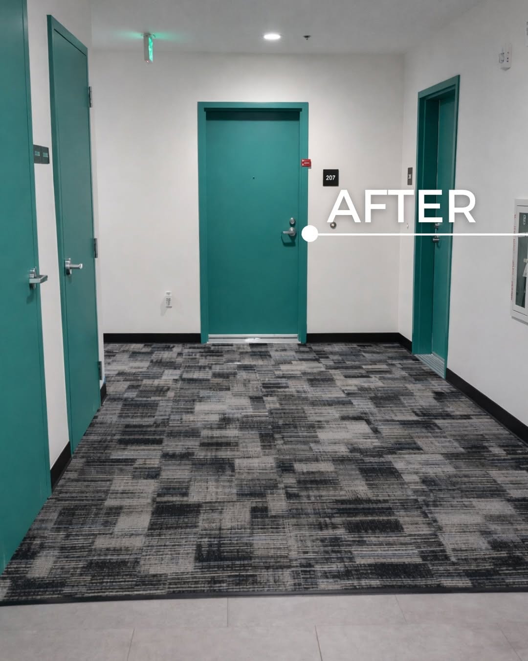 The same elevator lobby finished in patterned carpet tile