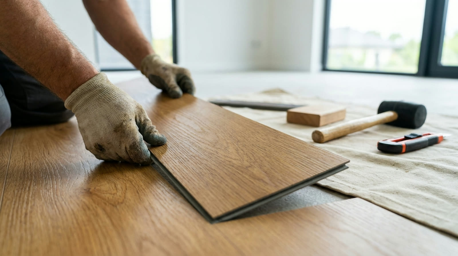 Installer fitting a luxury vinyl plank floor in an Elk Grove home