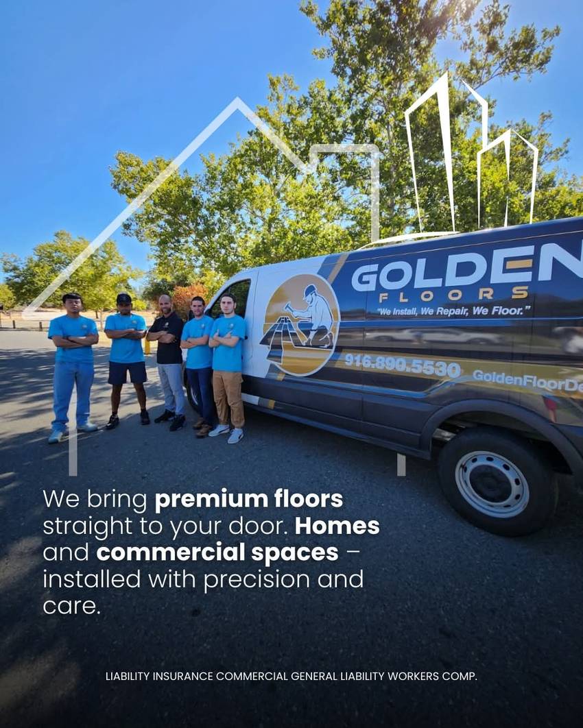 The Golden Floors crew standing beside the company van in Sacramento