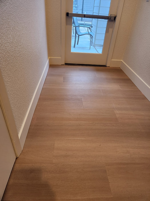 Bedroom finished in light wood-look plank with a patio door threshold