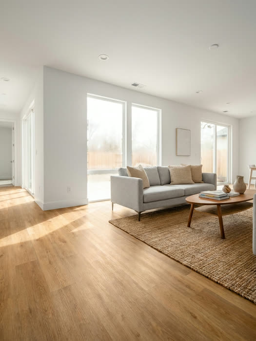 Wide open great room finished in grey luxury vinyl plank in a Sacramento home