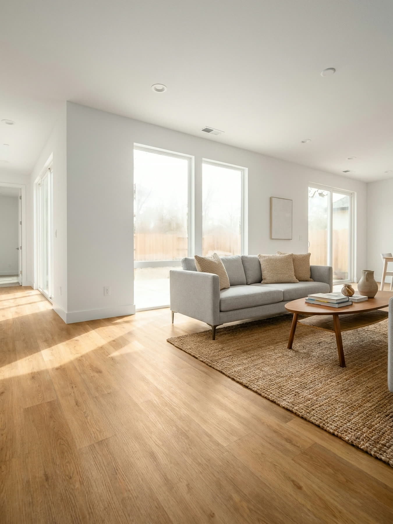 Open great room finished in luxury vinyl plank by Golden Floors in Sacramento