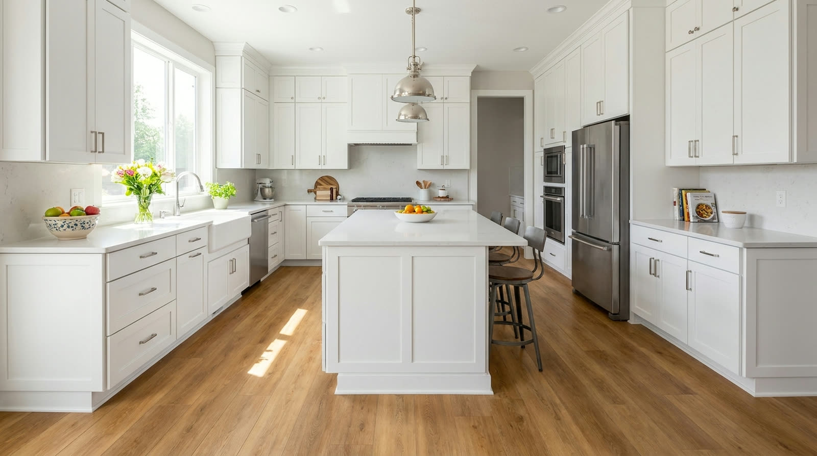 Modern kitchen finished in warm honey-oak luxury vinyl plank