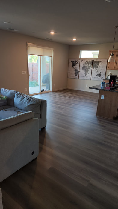Living room with grey luxury vinyl plank flooring and a large window